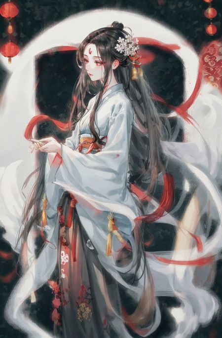 07361-2270820154-flower, solo, hanfu, long hair, black hair, 1girl, hair ornament, chinese clothes, holding, full body, long sleeves, wide sleeve.jpg